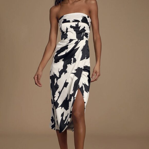 NWT Lulus Bring Me Back To You Black and White Print Strapless Midi Dress - Picture 3 of 9